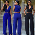 Kanti Jumpsuit de pierna ancha azul rey y negro, de frente y de espalda