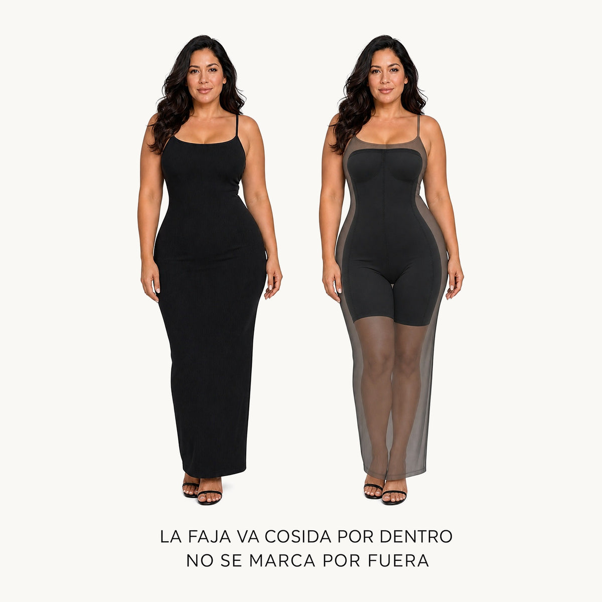La faja va cosida por dentro del vestido y no se marca por fuera