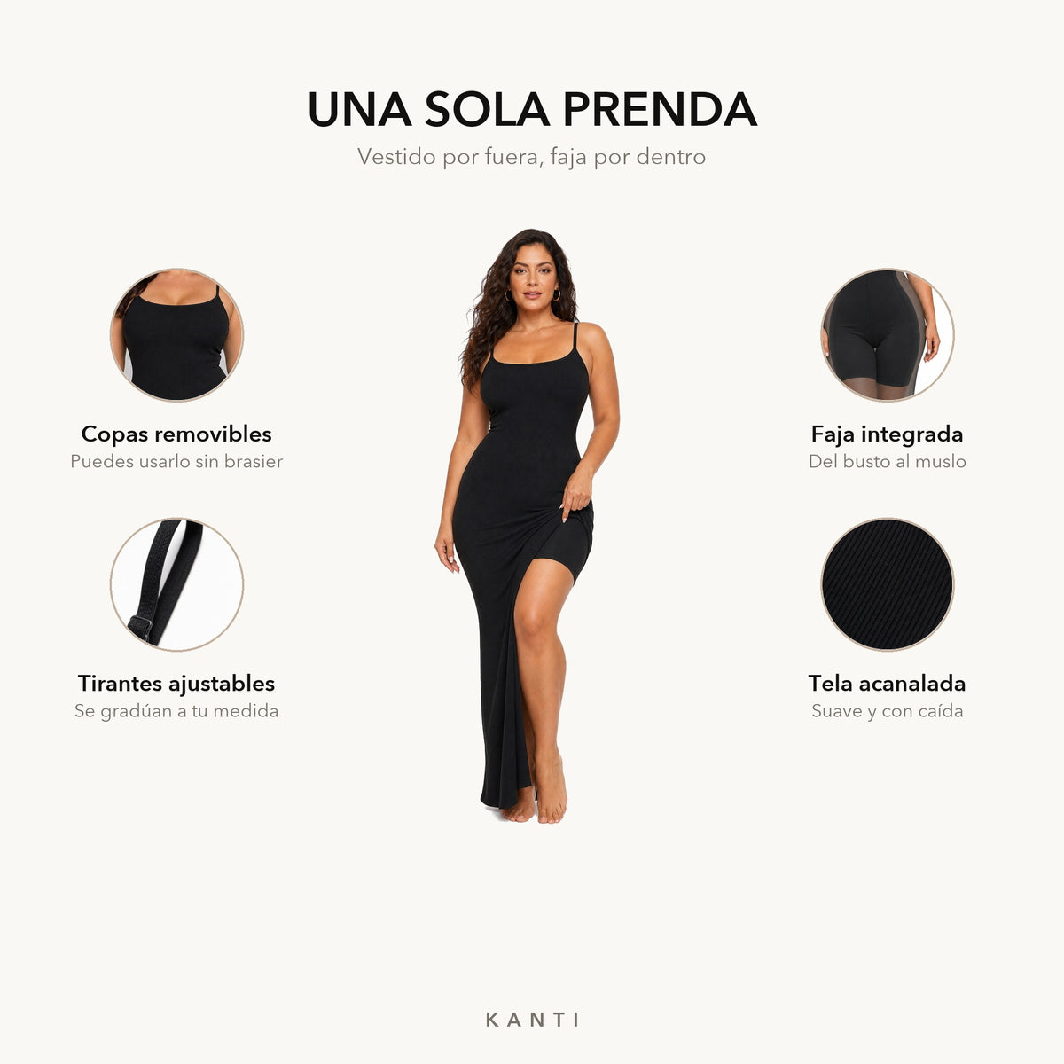 Copas removibles, tirantes ajustables, faja integrada y tela acanalada