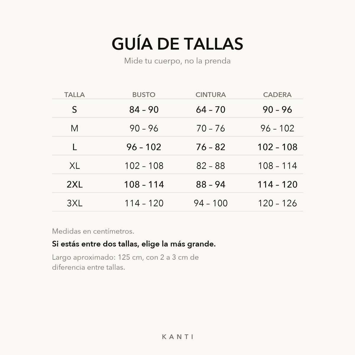 Guía de tallas del vestido, de la S a la 3XL en centímetros